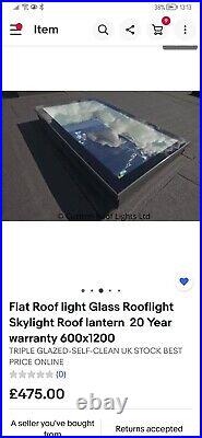 2x Flat Roof light Glass Rooflight Skylight Roof lantern with frames 600x1200